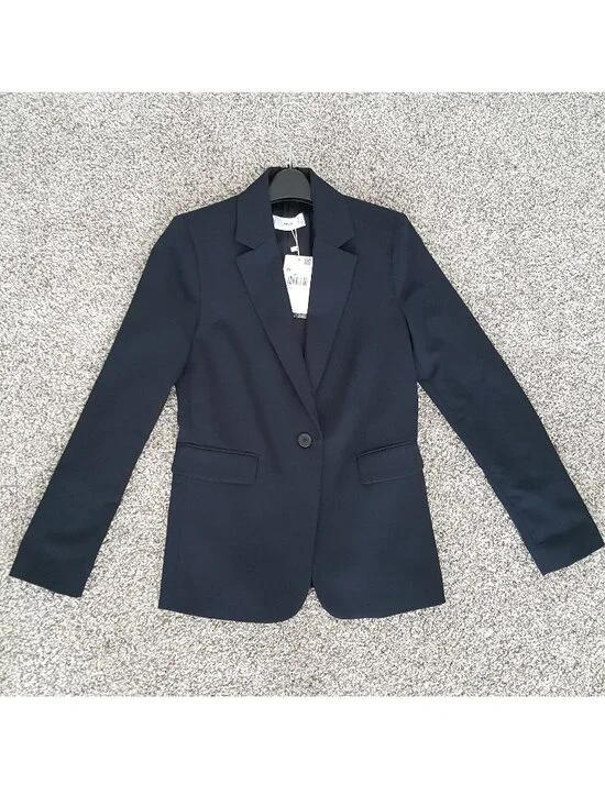 Defect MANGO Fitted Tailored Suit Blazer Jacket Single-Button Navy Blue S 4 - Picture 4 of 13